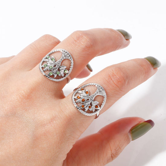 Picture of 304 Stainless Steel Birthstone Open Adjustable Rings Silver Tone Tree Of Life 16.5mm(US Size 6)