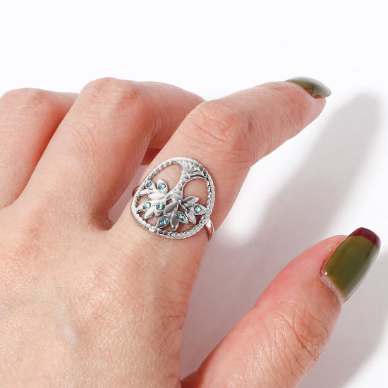 Picture of 304 Stainless Steel Birthstone Open Adjustable Rings Silver Tone Tree Of Life 16.5mm(US Size 6)