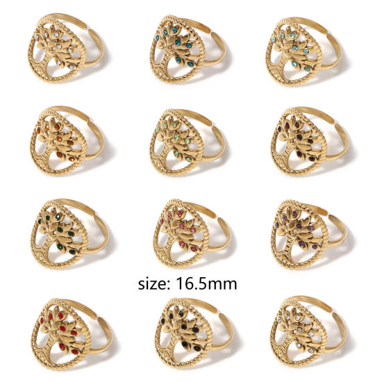 Picture of 304 Stainless Steel Birthstone Open Adjustable Rings Gold Plated Tree Of Life 16.5mm(US Size 6)