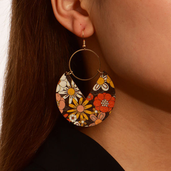 Picture of Wood & Copper Boho Chic Bohemia Earrings Gold Plated Multicolor Round Leaf 7.9cm x 4.7cm
