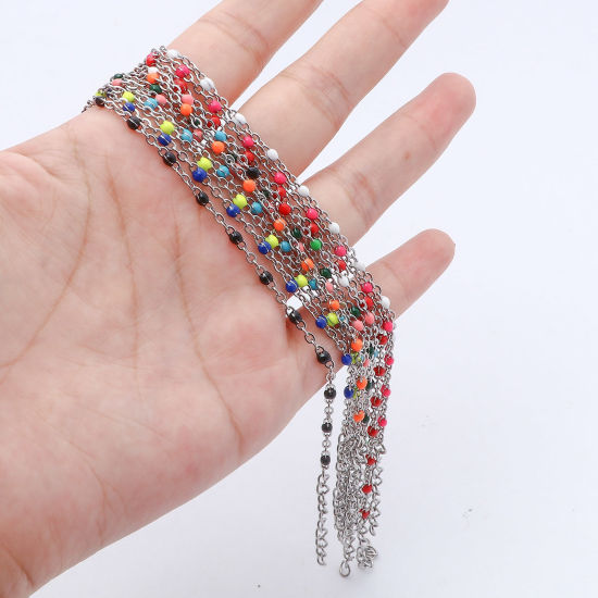 Picture of 304 Stainless Steel Link Cable Chain Bracelets Silver Tone Multicolor Enamel 17cm(6 6/8") long