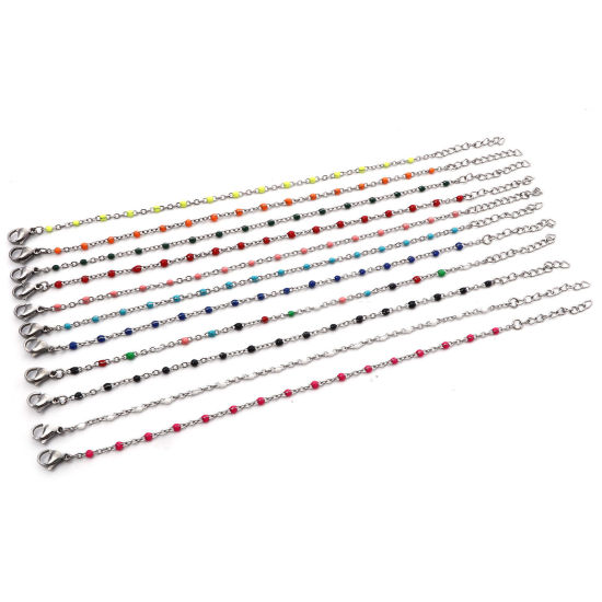 Picture of 304 Stainless Steel Link Cable Chain Bracelets Silver Tone Multicolor Enamel 17cm(6 6/8") long
