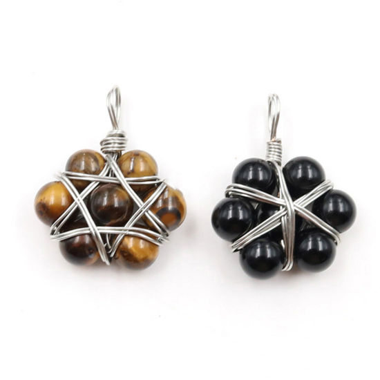 Picture of Gemstone ( Natural ) Wire Wrapped Pendants Silver Tone Multicolor Star Of David Hexagram Round 35mm x 22mm
