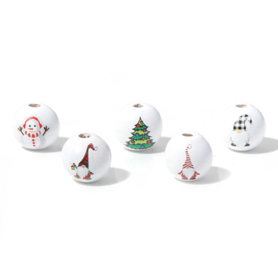 Picture of Natural Wood Spacer Beads Round White Christmas Snowman About 16mm Dia.