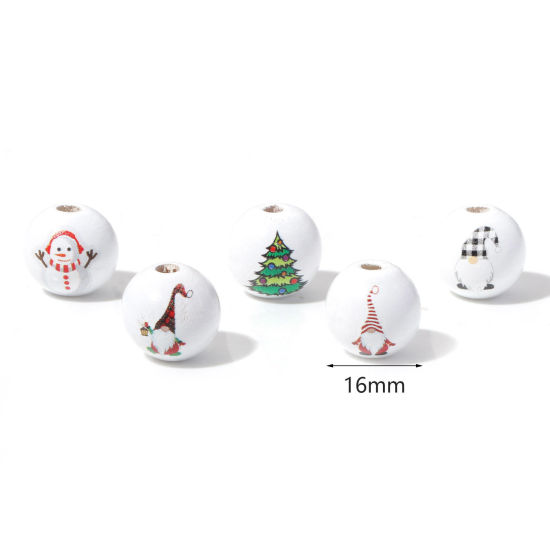 Picture of Natural Wood Spacer Beads Round White Christmas Snowman About 16mm Dia.