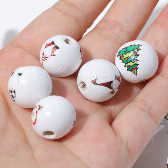 Picture of Natural Wood Spacer Beads Round White Christmas Snowman About 16mm Dia.