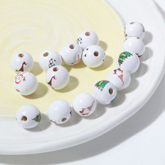 Picture of Natural Wood Spacer Beads Round White Christmas Snowman About 16mm Dia.