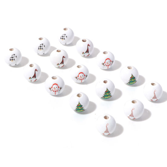 Picture of Natural Wood Spacer Beads Round White Christmas Snowman About 16mm Dia.