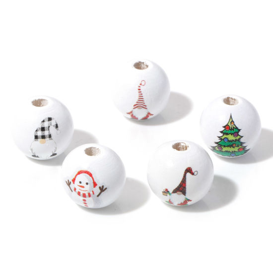 Picture of Natural Wood Spacer Beads Round White Christmas Snowman About 16mm Dia.