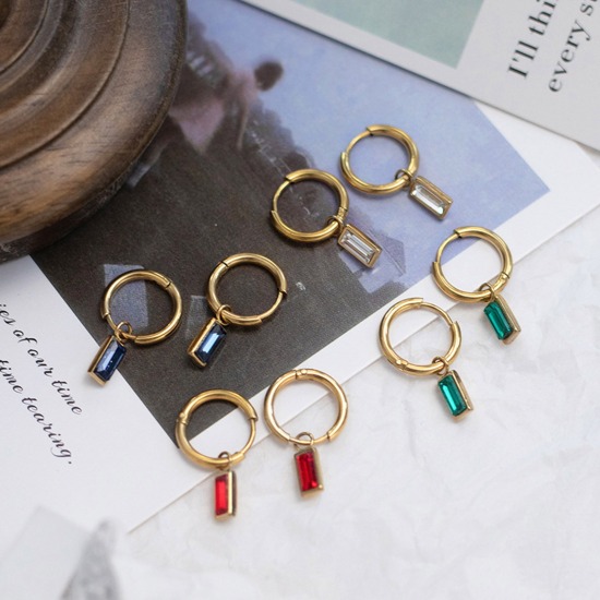 Imagen de Respetuoso del Medio Ambiente Exquisito Sencillo 14K Oro Real Chapado 304 Acero Inoxidable & Circón Artificial Rectángulo Pendientes Para Mujeres 2.3cm x 1cm, 1 Par
