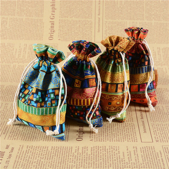 Bild von Baumwolle Ethnisch Kordelzugtasche Bunt Mit zufälligen Muster 14cm x 10cm, 10 Stück
