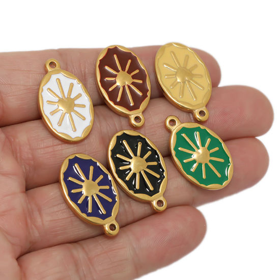 Изображение 304 Нержавеющая Сталь Подвески Овальные Позолоченный Разноцветный Солнце С Эмалью 24мм x 14мм, 2 ШТ