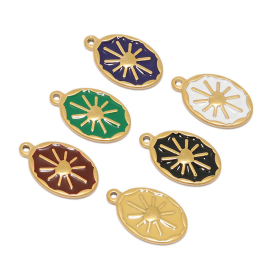 Изображение 304 Нержавеющая Сталь Подвески Овальные Позолоченный Разноцветный Солнце С Эмалью 24мм x 14мм, 2 ШТ