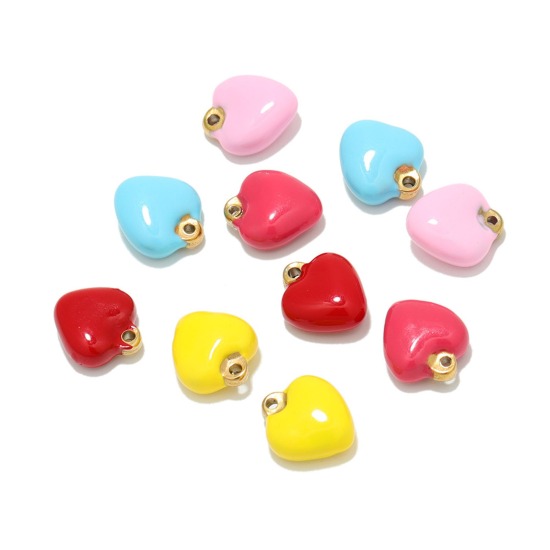 Immagine di 304 Acciaio Inossidabile San Valentino Charms Oro Placcato Multicolore Cuore Smalto 13mm x 11mm, 2 Pz