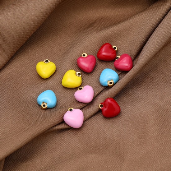 Immagine di 304 Acciaio Inossidabile San Valentino Charms Oro Placcato Multicolore Cuore Smalto 13mm x 11mm, 2 Pz