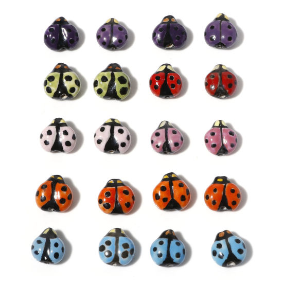 Picture of Ceramic Insect Beads Ladybug Animal Multicolor Painted About 16mm x 16mm