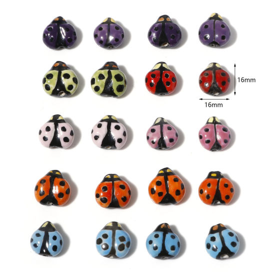 Picture of Ceramic Insect Beads Ladybug Animal Multicolor Painted About 16mm x 16mm