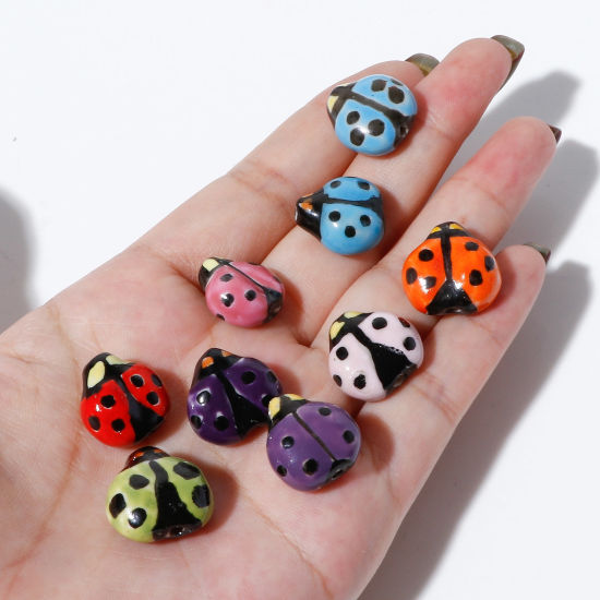 Picture of Ceramic Insect Beads Ladybug Animal Multicolor Painted About 16mm x 16mm