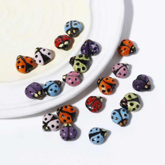 Picture of Ceramic Insect Beads Ladybug Animal Multicolor Painted About 16mm x 16mm