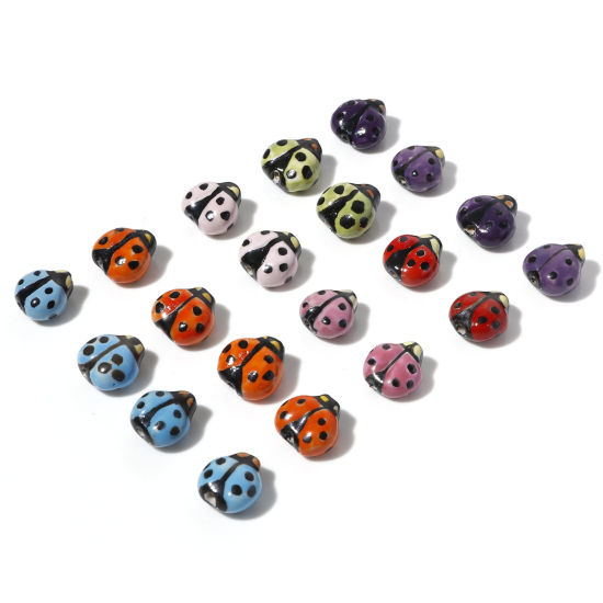 Picture of Ceramic Insect Beads Ladybug Animal Multicolor Painted About 16mm x 16mm