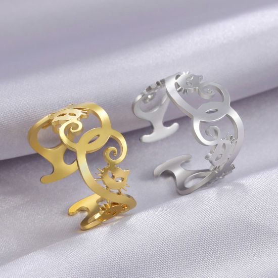 Picture of 304 Stainless Steel Pet Silhouette Open Adjustable Rings Multicolor C Shape Cat Hollow 17.3mm(US Size 7)