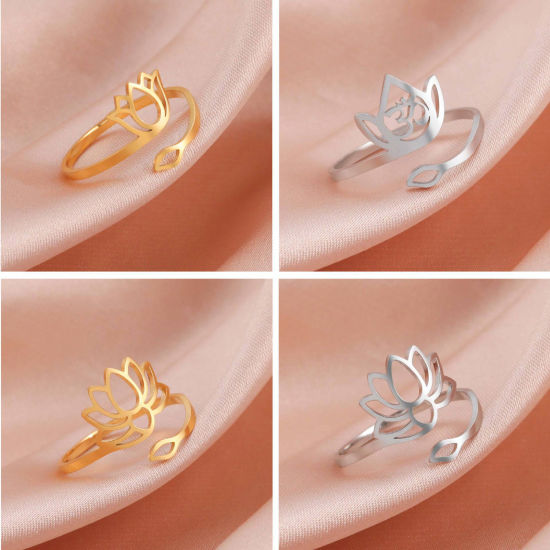 Picture of 304 Stainless Steel Religious Open Adjustable Rings Multicolor Lotus Flower Hollow 17.3mm(US Size 7)