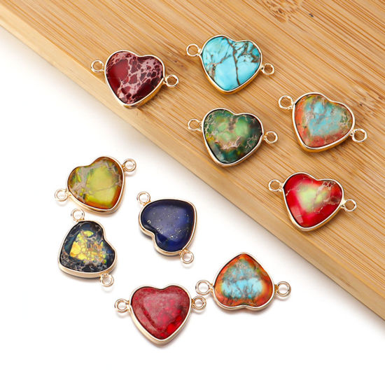 Picture of Emperor Stone ( Dyed ) Valentine's Day Connectors Heart Gold Plated Multicolor 24mm x 15mm