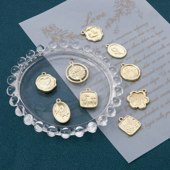 Immagine di Lega di Zinco Charms Fiore Oro Placcato Cuore 10 Pz