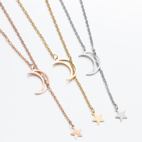 Immagine di Acciaio al titanio Galassia Cavo Catena Lariat Collana Multicolore Stella Luna Filigrana 45cm Lunghezza, 1 Pz