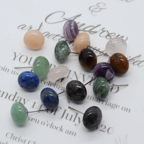 Picture of Gemstone ( Natural ) Ear Post Stud Earrings Silver Tone Multicolor Abacus 12mm x 8mm