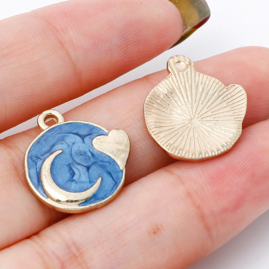 Picture of Zinc Based Alloy Galaxy Charms Gold Plated Multicolor Round Moon Enamel 18mm x 16mm