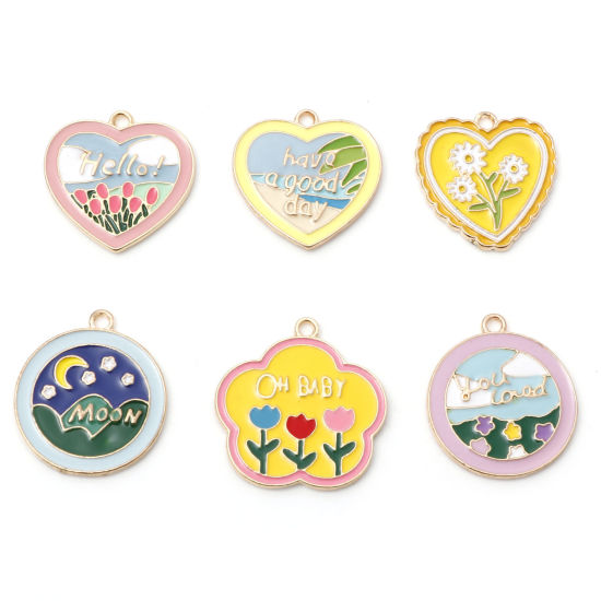 Изображение Цинковый Сплав Подвески Цветы Позолоченный Разноцветный природные пейзажи С Эмалью 5 ШТ