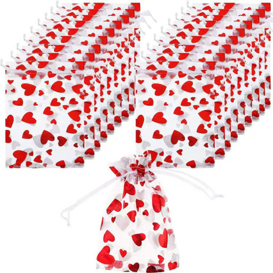 Picture of Organza Valentine's Day Jewelry Bags Rectangle White & Red Heart