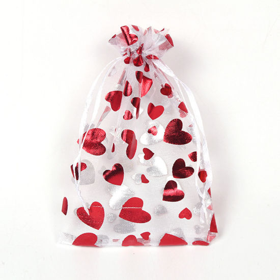 Picture of Organza Valentine's Day Jewelry Bags Rectangle White & Red Heart