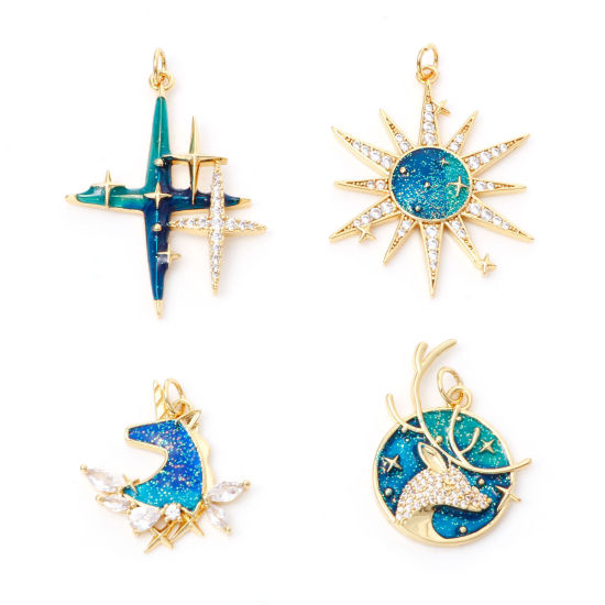 Immagine di Ottone Micro Intarsio Oro Placcato Verde Blu Stella Smalto Trasparente Cubic Zirconiae 1 Pz