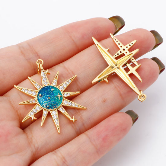 Immagine di Ottone Micro Intarsio Oro Placcato Verde Blu Stella Smalto Trasparente Cubic Zirconiae 1 Pz