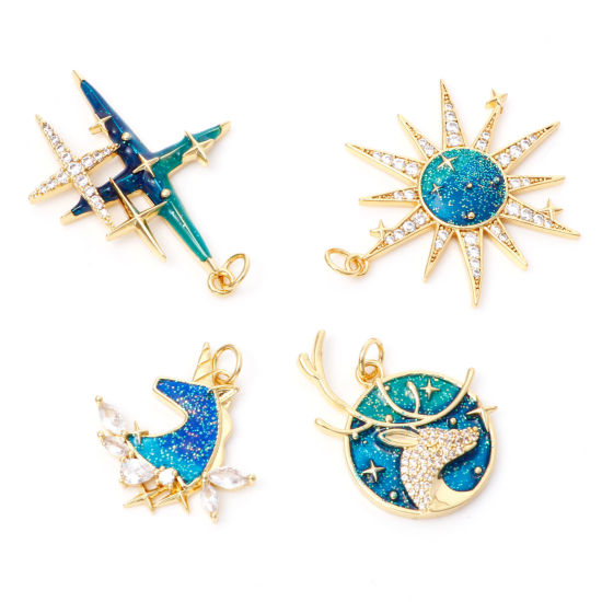 Immagine di Ottone Micro Intarsio Oro Placcato Verde Blu Stella Smalto Trasparente Cubic Zirconiae 1 Pz