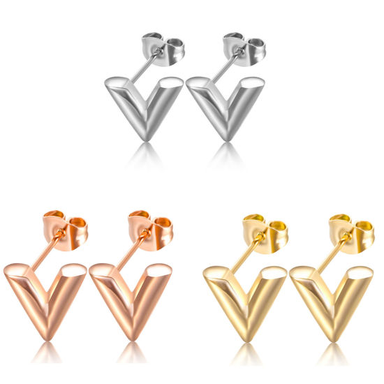 Picture of 304 Stainless Steel Stylish Ear Post Stud Earrings Multicolor V-shaped 12mm Dia.