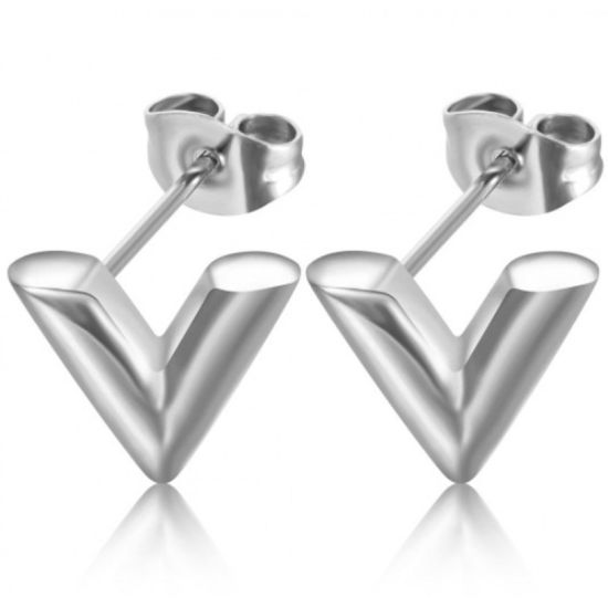 Picture of 304 Stainless Steel Stylish Ear Post Stud Earrings Multicolor V-shaped 12mm Dia.