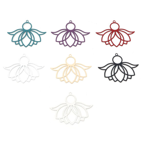 Image de Pendentifs Estampe en Filigrane Religieux en Alliage de Fer Fleur de Lotus Multicolore Laqué 3.9cm x 3.1cm, 10 Pcs
