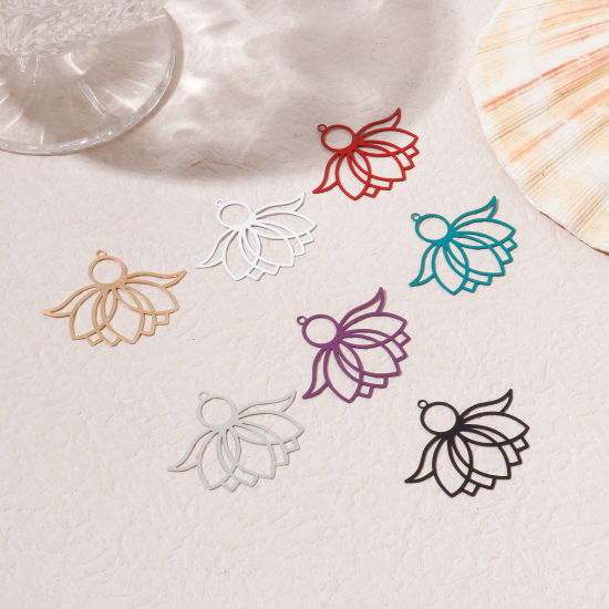 Image de Pendentifs Estampe en Filigrane Religieux en Alliage de Fer Fleur de Lotus Multicolore Laqué 3.9cm x 3.1cm, 10 Pcs