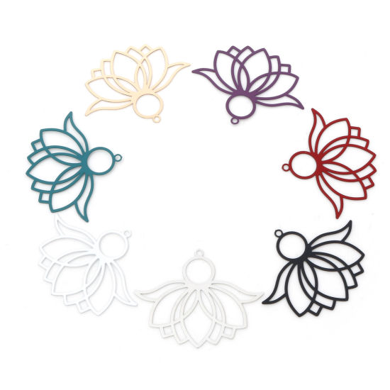 Image de Pendentifs Estampe en Filigrane Religieux en Alliage de Fer Fleur de Lotus Multicolore Laqué 3.9cm x 3.1cm, 10 Pcs