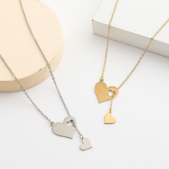Picture of 304 Stainless Steel Valentine's Day Y Shaped Lariat Necklace Multicolor Heart Hollow 47cm(18 4/8") long