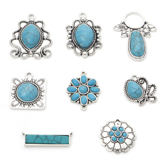 Picture of Zinc Based Alloy Boho Chic Bohemia Charms Antique Silver Color With Resin Cabochons Imitation Turquoise