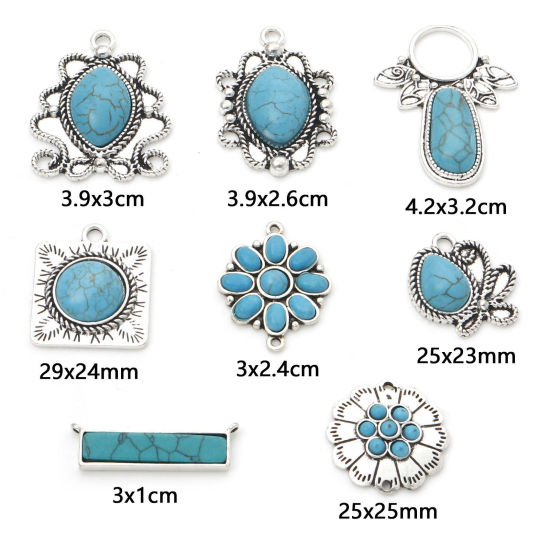 Picture of Zinc Based Alloy Boho Chic Bohemia Charms Antique Silver Color With Resin Cabochons Imitation Turquoise