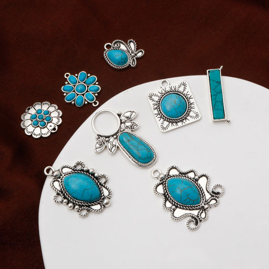 Picture of Zinc Based Alloy Boho Chic Bohemia Charms Antique Silver Color With Resin Cabochons Imitation Turquoise