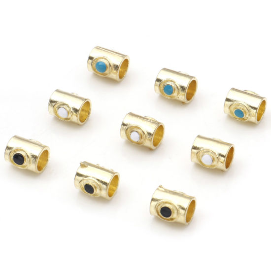 Imagen de Zamak Cuentas Chapado en Oro Multicolor Cilíndrico Esmalte Aprox 9mm x 9mm, Agujero: Aprox 5.2mm, 10 Unidades