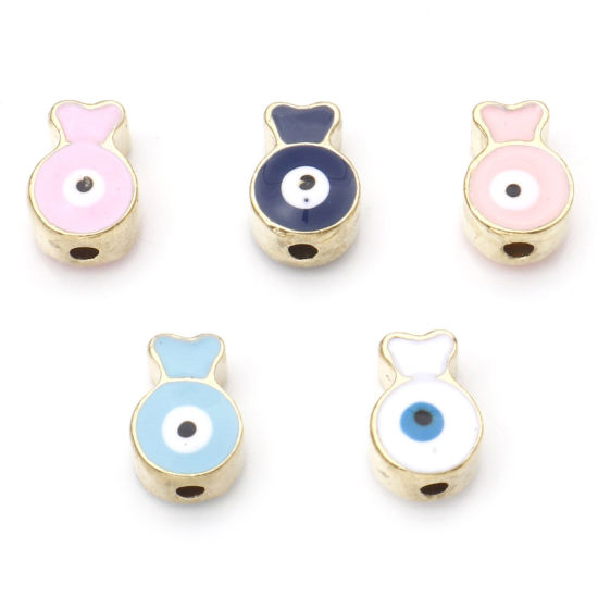 Immagine di Lega di Zinco Religione Perline Oro Placcato Multicolore Pesce Malocchio Smalto Circa 10mm x 7mm, Foro:Circa 1.6mm, 10 Pz