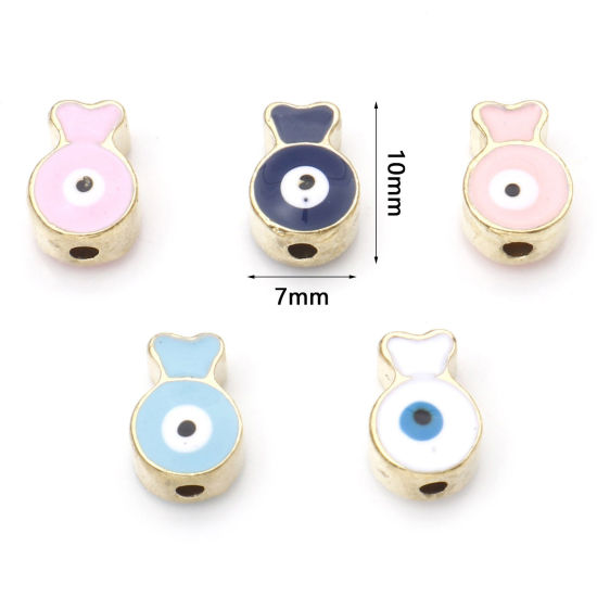Immagine di Lega di Zinco Religione Perline Oro Placcato Multicolore Pesce Malocchio Smalto Circa 10mm x 7mm, Foro:Circa 1.6mm, 10 Pz