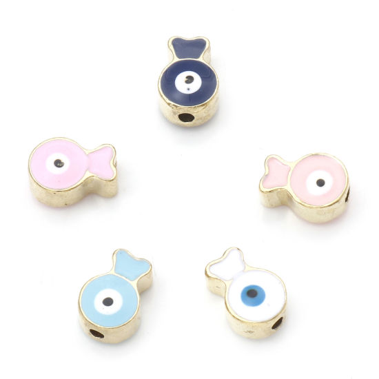 Immagine di Lega di Zinco Religione Perline Oro Placcato Multicolore Pesce Malocchio Smalto Circa 10mm x 7mm, Foro:Circa 1.6mm, 10 Pz